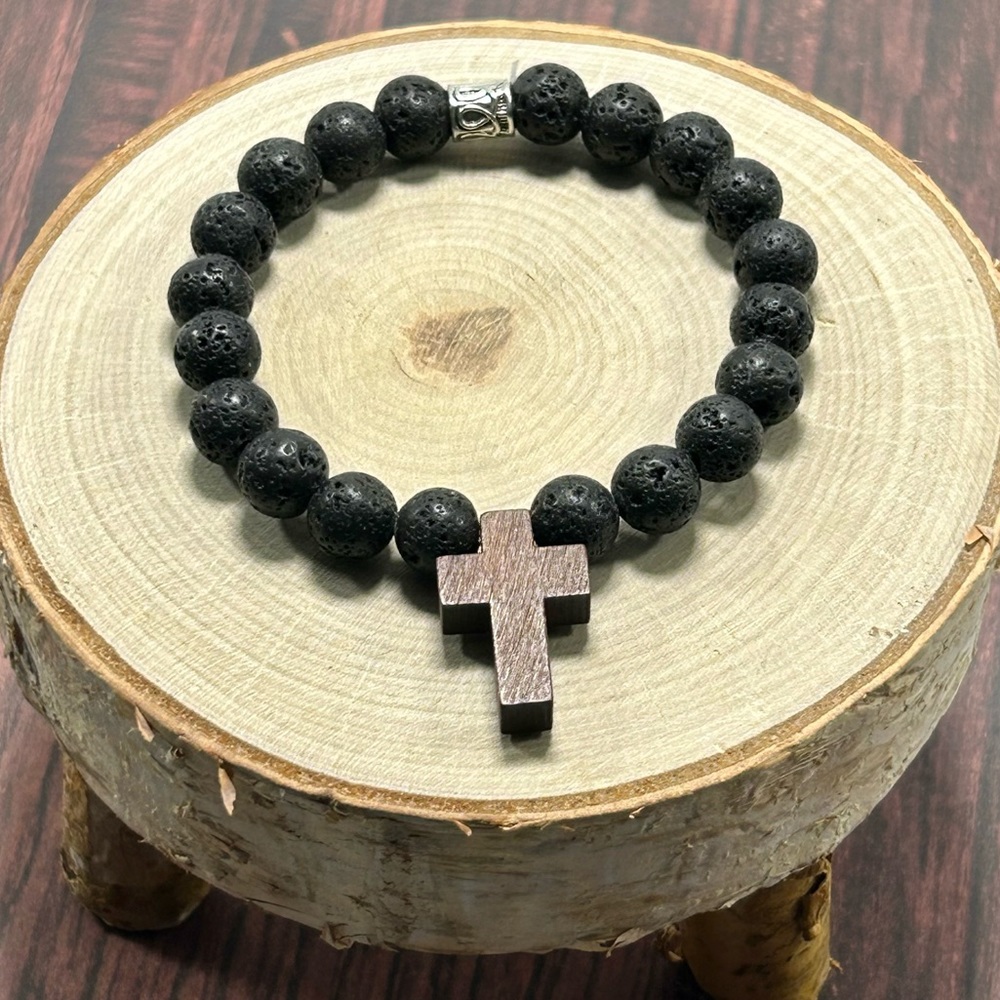 Handmade Wood Cross & Volcanic Rock Charm Bracelet!